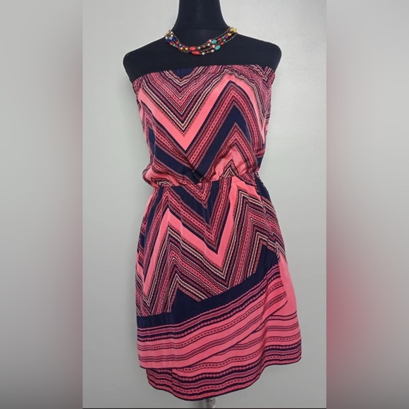 Express Navy Blue Coral Pink Strapless Tube Vacation Beach Print Dress 2 (A3) - Picture 2 of 7